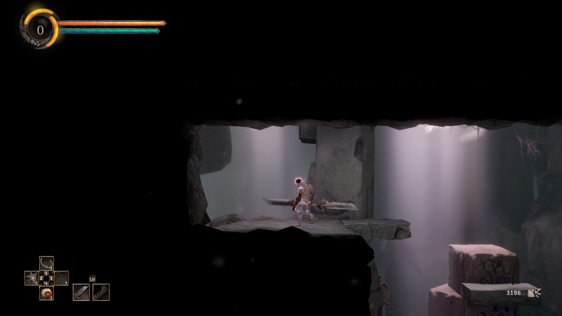 Character with red arms holding a blade in a dimly lit cave.