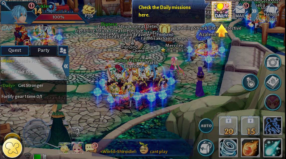 menu on this Aura Kingdom Mobile screen showing how to check the daily missions
