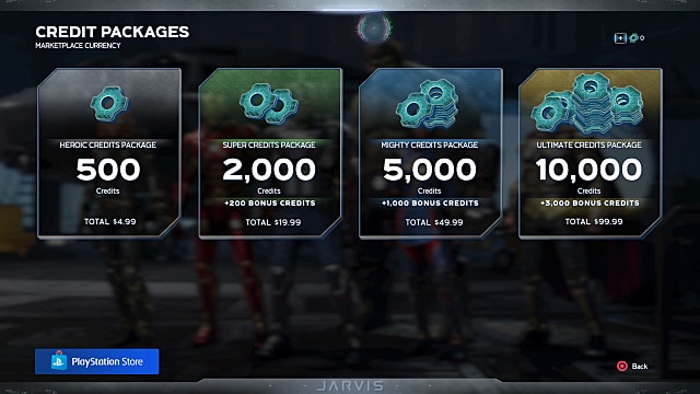 Credit packages in a menu showing different tiers players can purchase for credits.