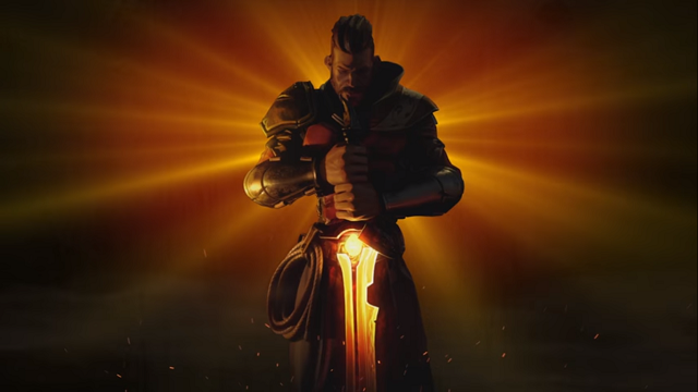 Avil, the main character of Extinction, holding a sword, with beaming light behind him