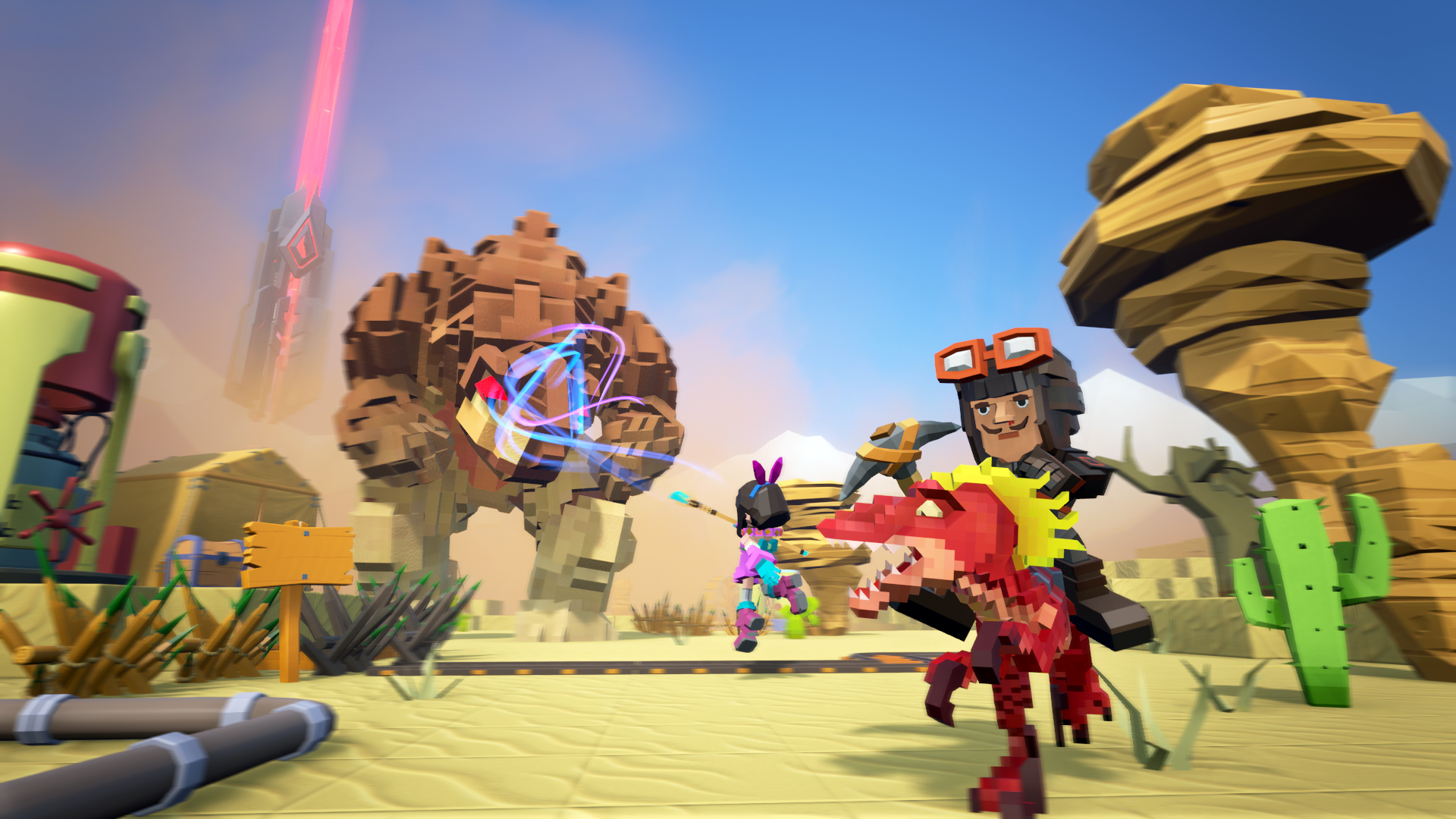 a character rides on a red creature with blonde hair while another engages in battle in PixARK