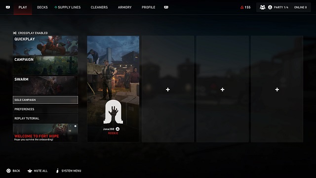 Back 4 Blood's game modes menu with the solo campaign highlighted.