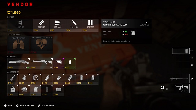 The in-mission vendor menu with the toolkit accessory highlighted.