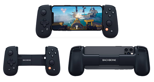 Three shots of the Backbone One; one attached to a phone playing Sea of Thieves, one empty, and one from the back of the device.