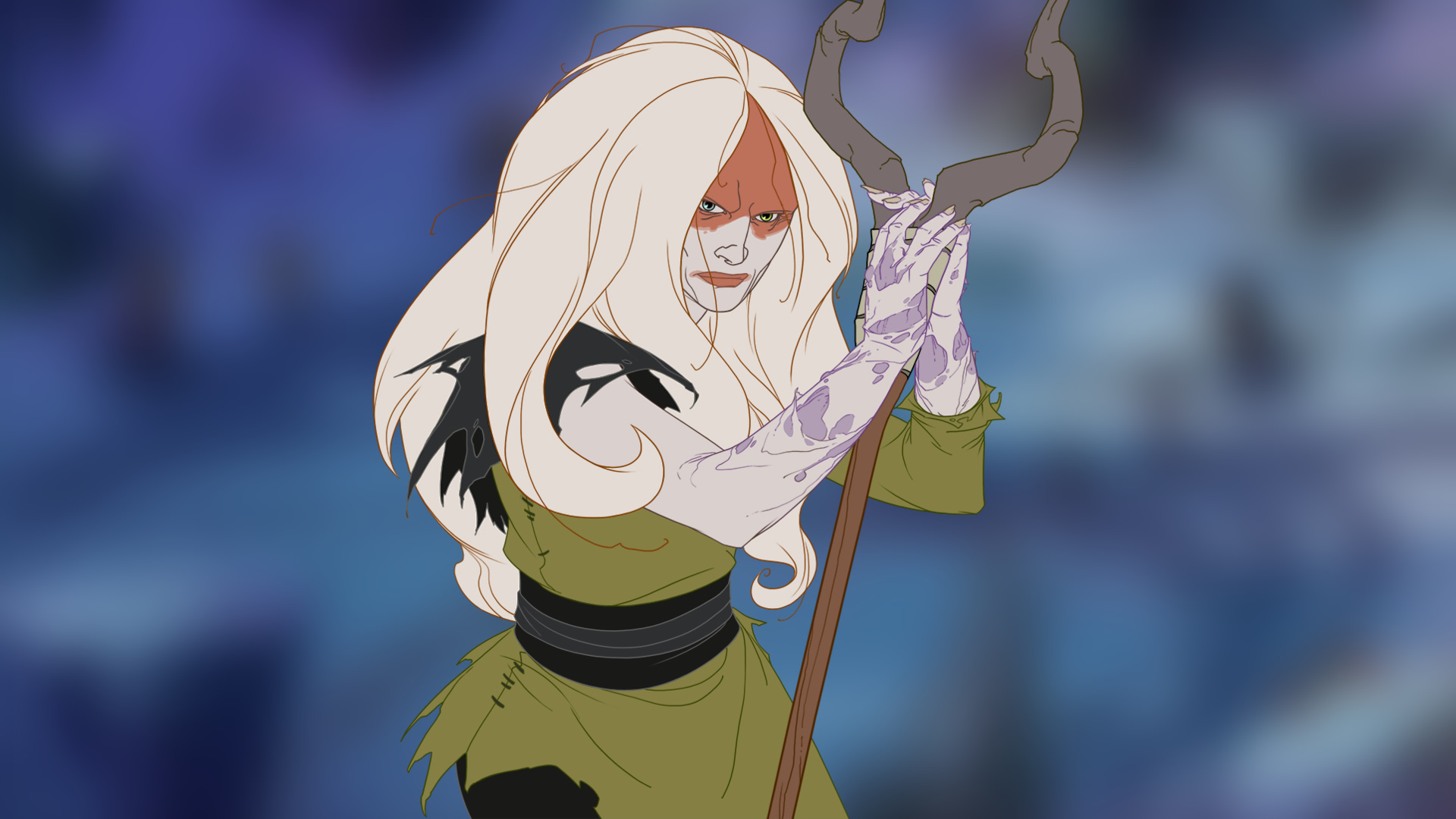 The Banner Saga 3's new healer, Alfrun, stands holding a staff and wears a green tunic