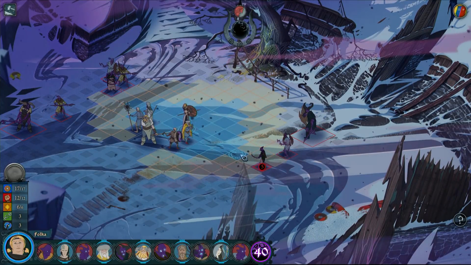 A snowy battlefield is shown in The Banner Saga 3