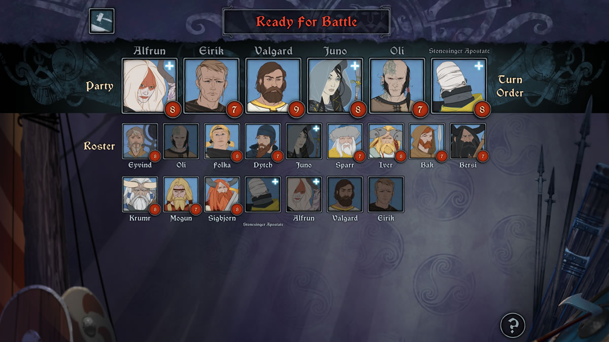 The Banner Saga 3 party select screen shows new and old characters alike