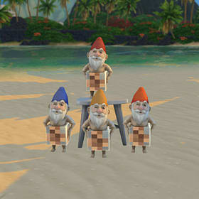 Four naked gnomes with their unmentionables censored.
