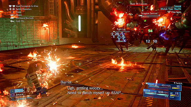 The Scorpion in FF7R attacks Barret in its final stage, on fire. 