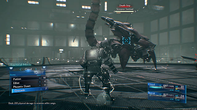 Barret targets the side of the Scorpion boss in Final Fantasy 7 Remake. 