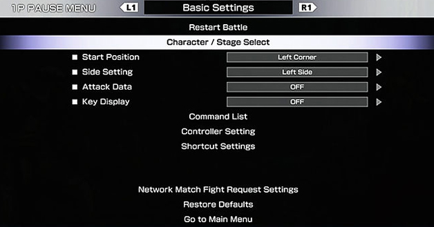 Street Fighter V training mode basic settings
