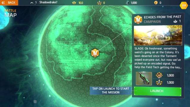a campaign mission location is spotlighted on a battle map screen in Shadowgun Legends