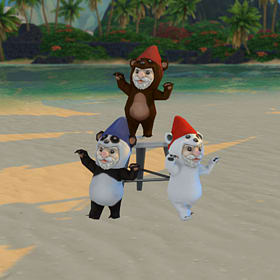 Three gnomes dressed as bears, one a panda, one a brown bear, one a polar bear.
