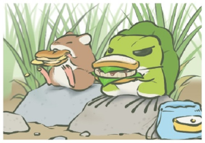 Frog eating sandwich next to mouse