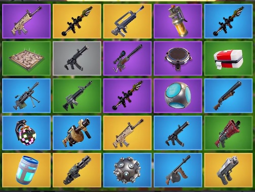 Fortnite bingo card shows the game's weapons, grenades, and traps