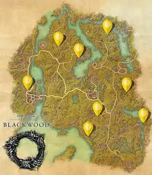 Elder Scrolls Online: Blackwood map with yellow markers showing dungeon skyshard locations.