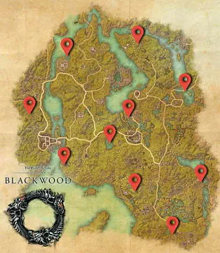 Elder Scrolls Online: Blackwood map with red markers showing world skyshard locations.