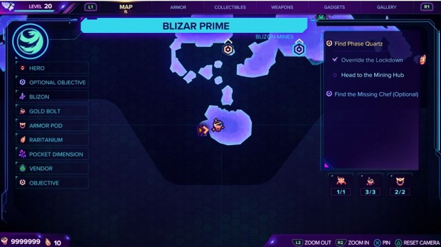 A map showing the first gold bolt location on Blizar Prime.