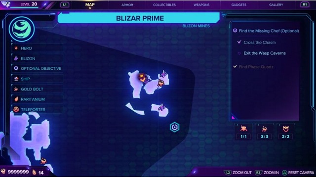 A map showing the third gold bolt location on Blizar Prime.