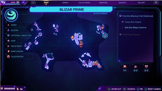 A map showing the second gold bolt location on Blizar Prime.