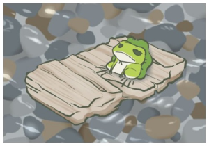 Frog riding down stream on piece of carboard
