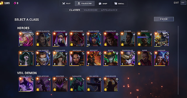 Breach character select screen with 18 heroes and 6 veil demons