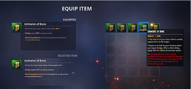 Equip item screen with item descriptions