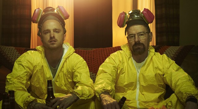 Breaking Bad played on a TCL P-Series shows Walter White and Jesse Pinkman wearing hazmat suits