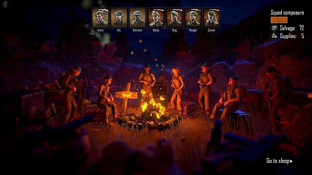 A party of soldiers gathers around a campfire at the end of a turn.
