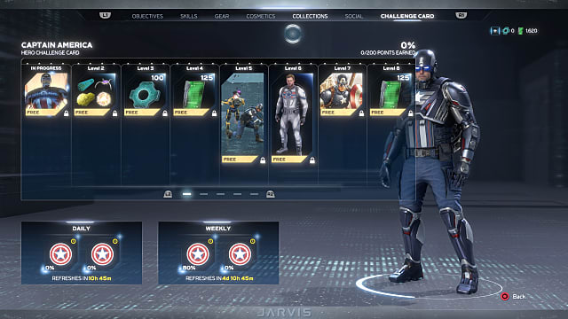 Captain America standing to the right of his weekly and daily challenge cards.