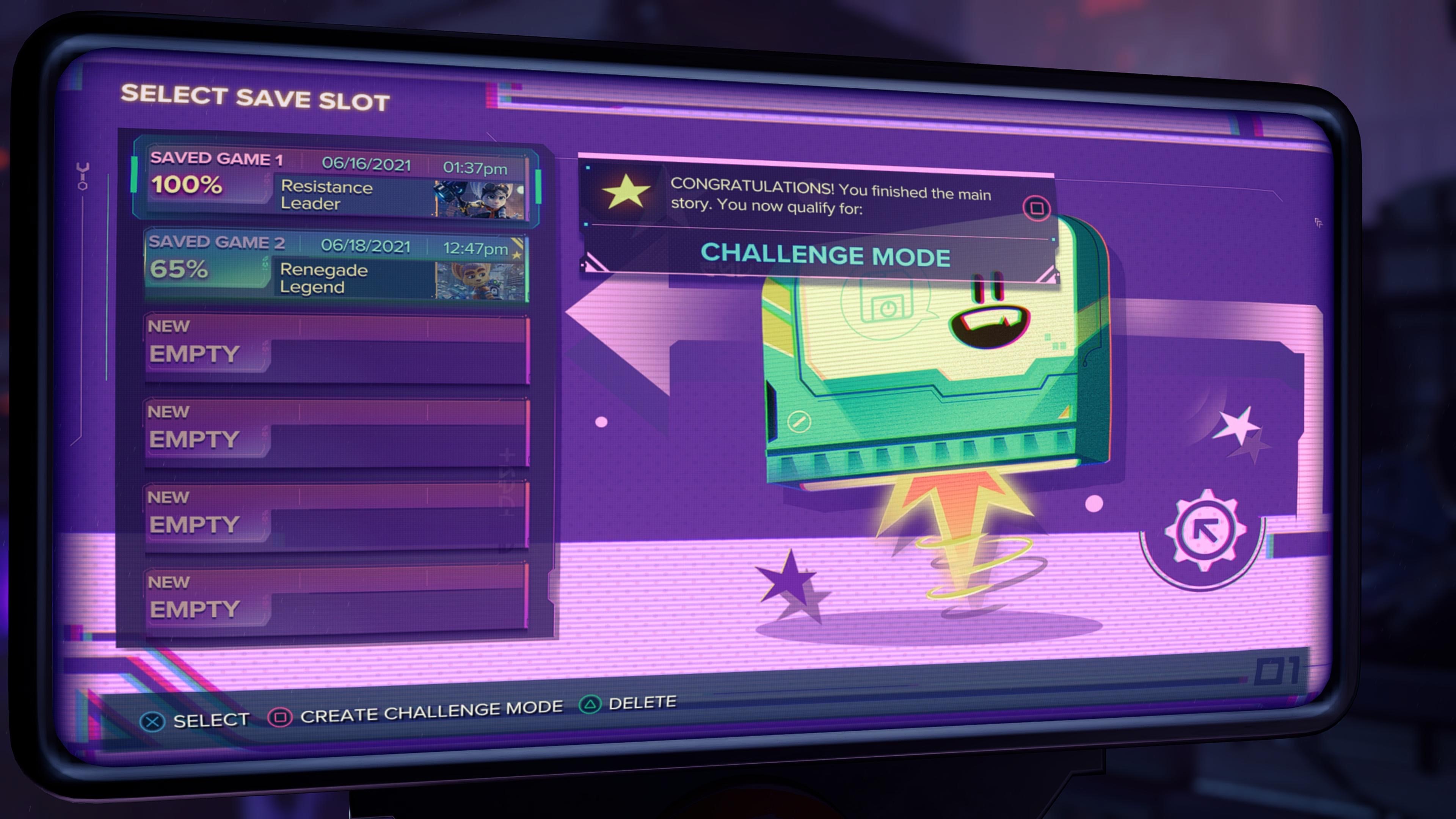 The purple challenge mode screen from the save slot menu. 
