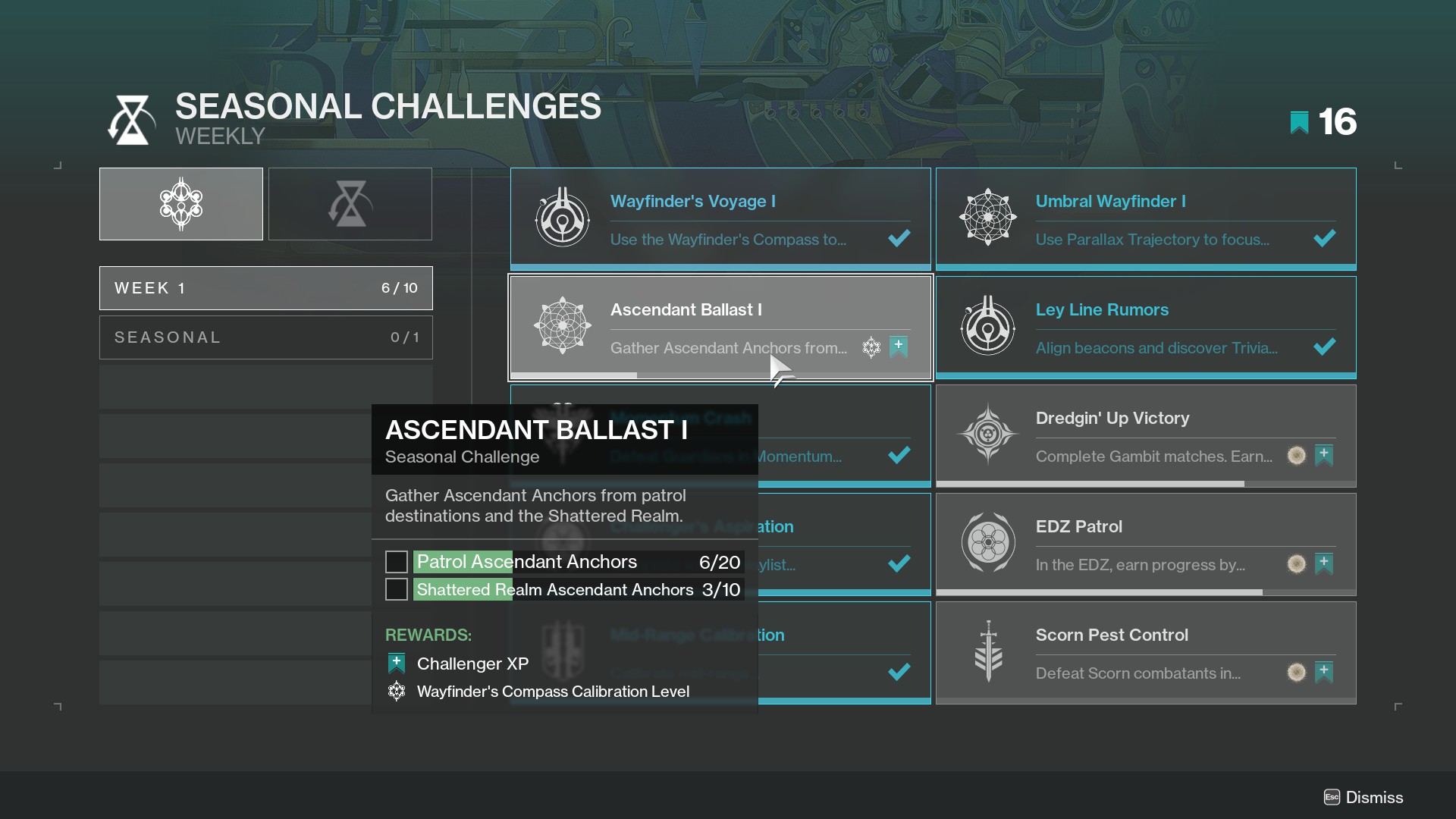Seasonal challenges menu showing Ascendant Ballast 1.