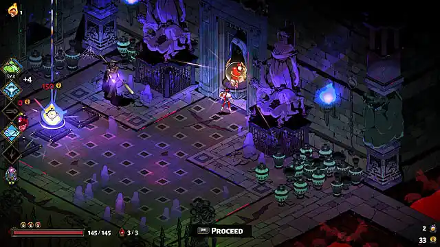 Zagreus standing in Charon's shop by two purple statues looking at a dungeon door.