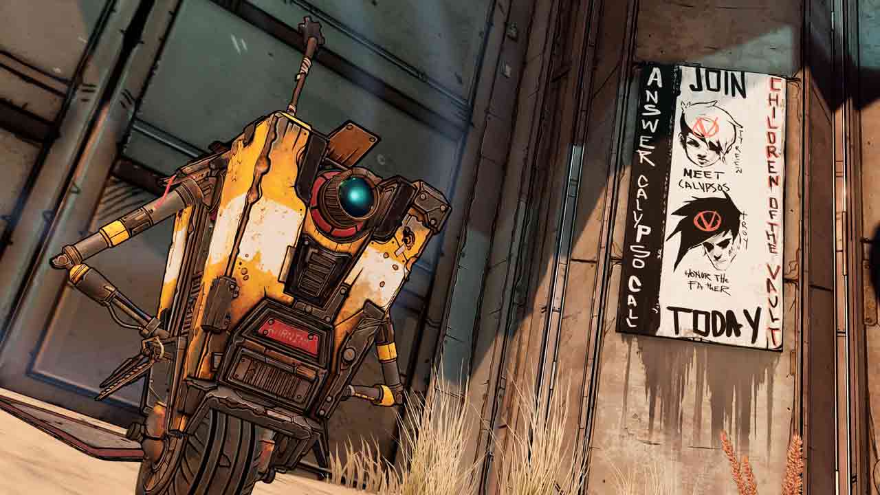 Claptrap stands in front of a poster of the Clypso twins