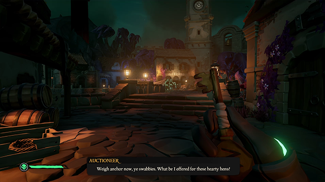 The player character holding the Mercado key and looking toward a town square with shops.