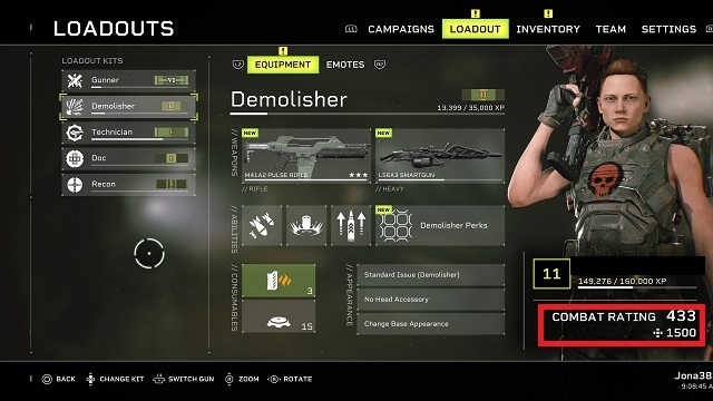 The loadout menu with the current character's combat rating highlighted.
