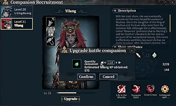 The companion recruitment panel, showing the upgrade battle companion submenu.