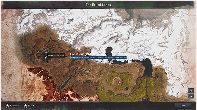 Conan Exiles map showing Mounds of the Dead location