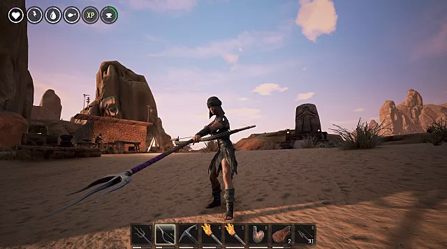 A warrior in leather armor holds a trident in the desert