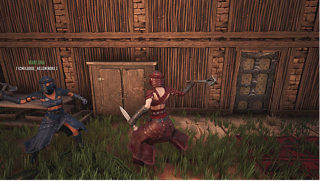 Two warriors, one in red wielding mace and dagger, one in blue with ax, face off