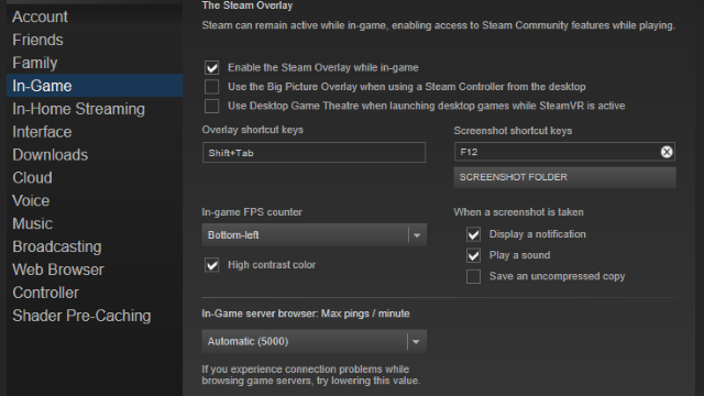 Be sure Big Picture Mode and the in-game Steam Overlay boxes are checked in the Steam menu