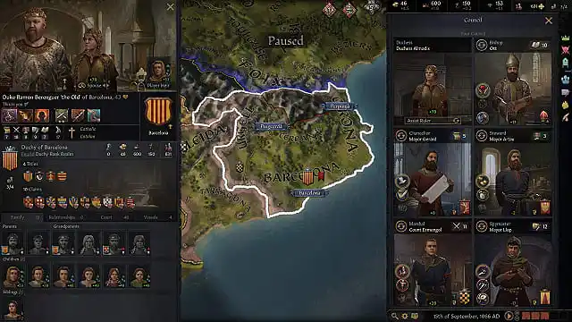 Crusader Kings 3 map focusing on Barcelona, Spain, with the council menu up. 