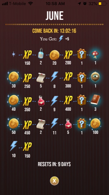 Wizards Unite daily login reward screen