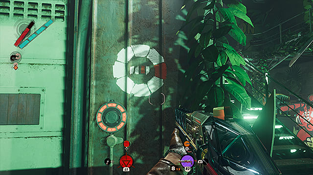 The player character holding a shotgun looks at a seven-sided keypad and mural indicating a door code.