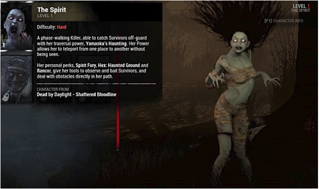 The pale Spirit stands with white eyes next to her character description