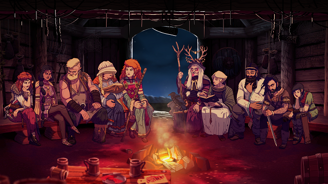 Characters huddle around the fire in a viking hut
