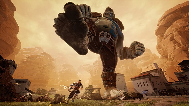 a huge ogre about to stomp Avil in Extinction