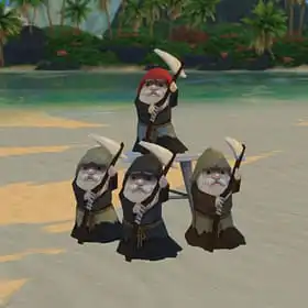 Four gnomes dressed as reapers with scythes.