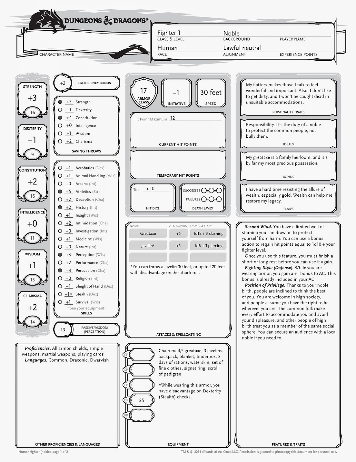Example Dungeons & Dragons character sheet.