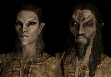 A male and female Dunmer character in Skyrim Remastered